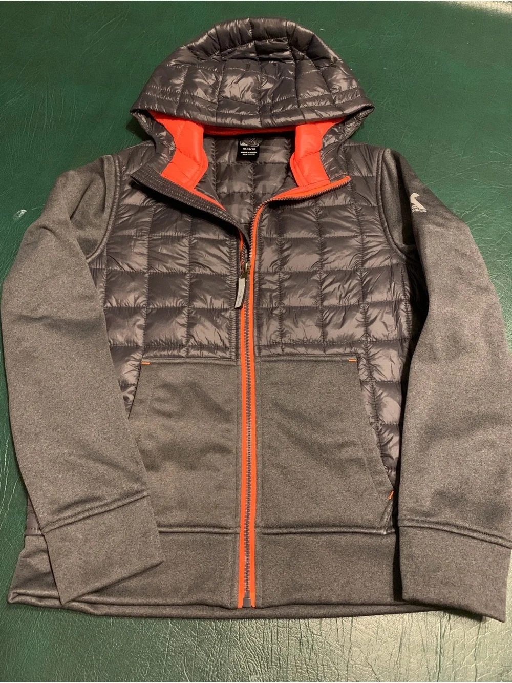 Boys Quilted Hooded Jacket - Charcoal with Orange Trim size 10-12